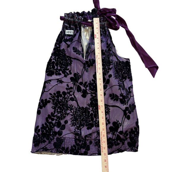 Hale Bob Women's Halter Tank Top Size L Purple Black Silk Blend Tie Neck Smocked - Picture 3 of 7